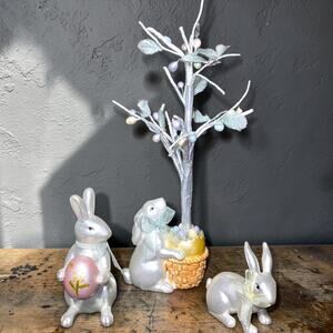 Vintage 80s Iridescent Easter Bunny Figurine Set Great Estate Sale Condition